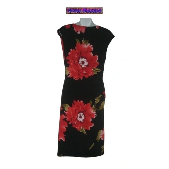 Vintage 90's Dressbarn Dress LBD Red Flower Floral Print Summer Ruched y2k Sz 6 - Picture 4 of 10